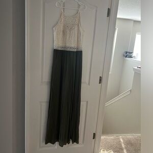 Cream lace top, hunter green bottom, maxi dress with slit to the thigh